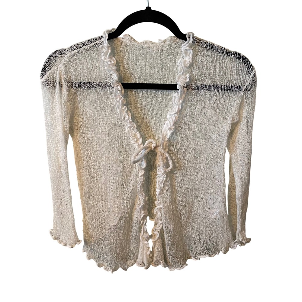 Back From Bali Women's White Ruffle Tie‎ Front Sheer Knit Cardigan Sweater